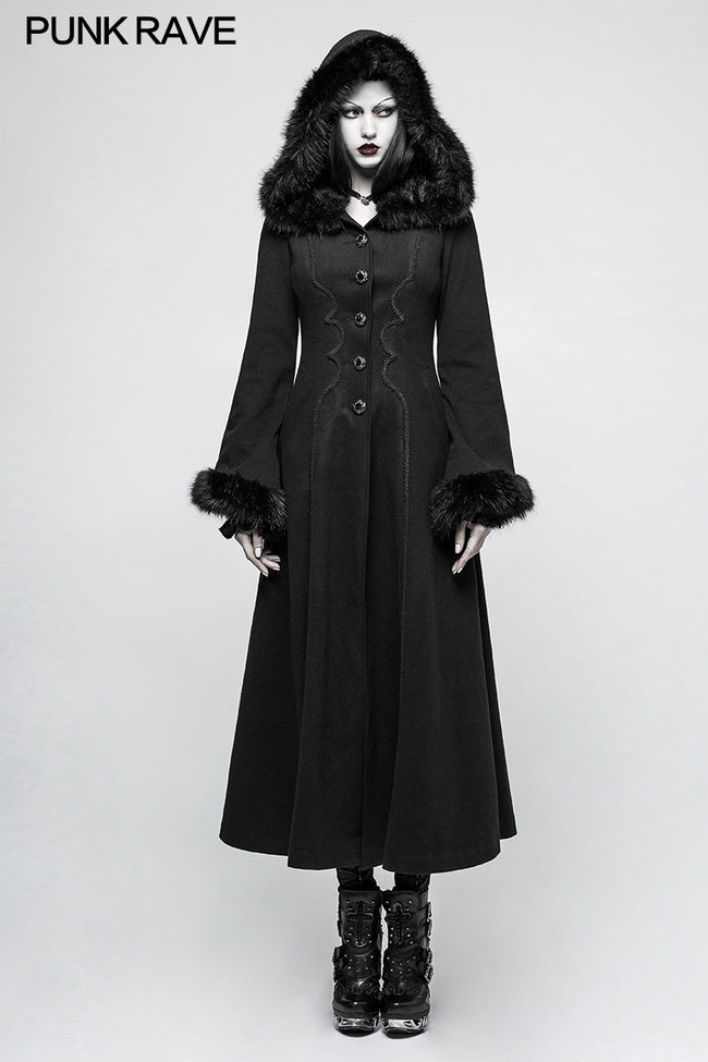 Women Disc Flowers Worsted Long Gothic Coat With Hooded