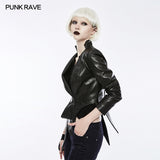 Irregular Shaped Bright Leather Punk Jacket With Stand Collar