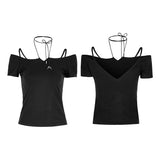 Sexy Off The Shoulder Slim Gothic T-shirt Tie Rope Necklace Top