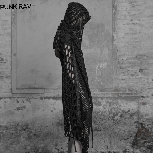 Dark Gothic Mesh Wool Knitting Hooded Scarf With Lace Decoration