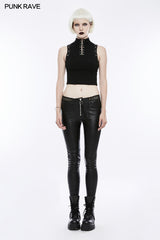 Women's Black Elastic Leather Punk Trousers Personality Tights With Fishnet Lace On Waist