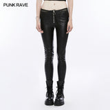 Women's Black Elastic Leather Punk Trousers Personality Tights With Fishnet Lace On Waist