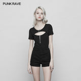 Women's Handsome Punk Zipper Knit Tight Short T-shirt With Hollow Out Design On Chest