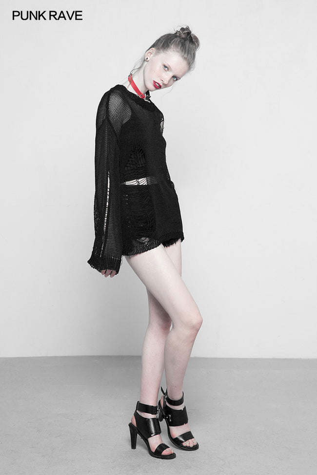 Loose Mesh Ripped Hole Tattered Distressed Knit Sweater Top