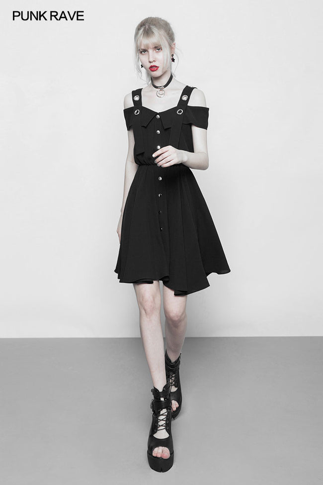 Punk Chiffon Shirt-style Suspender Dress With Corns Strap Design