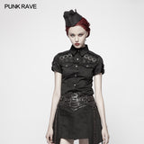 Military Short Sleeve Shirt With PU Loop And Metal Adjustment Buckle Blouse
