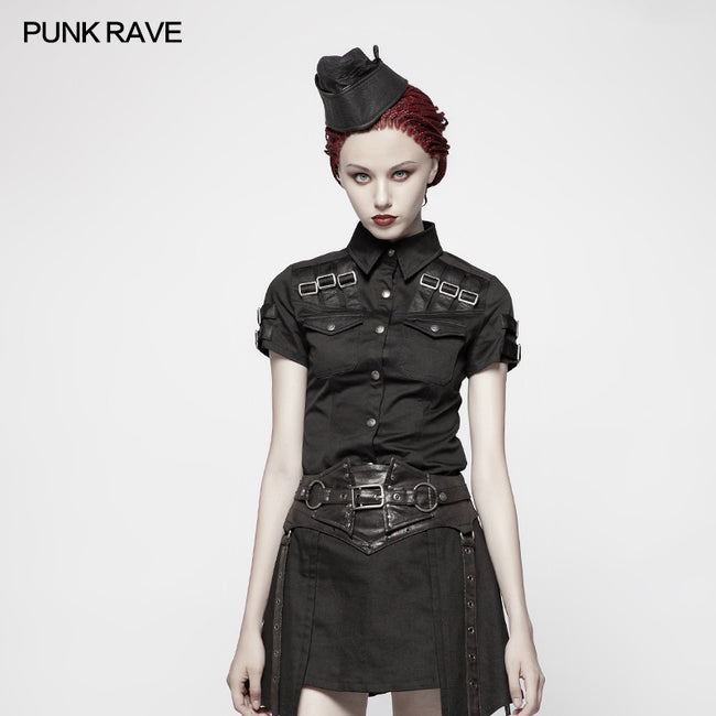 Military Short Sleeve Shirt With PU Loop And Metal Adjustment Buckle Blouse
