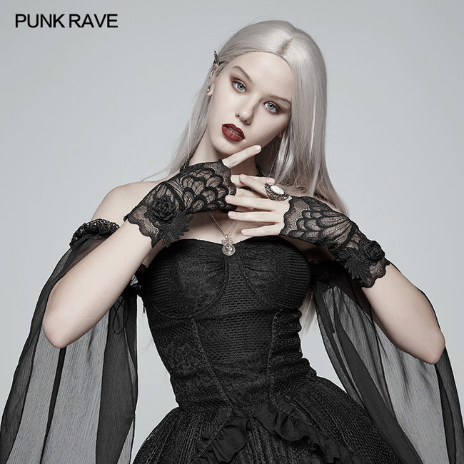 Gothic Black Lace Tulle Glove - One Pair