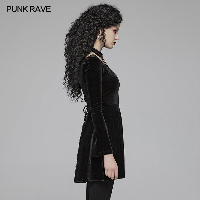 Gothic Daily Cross Halter-Neck Long Sleeve Velvet Short Dress For Women