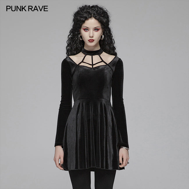 Gothic Daily Cross Halter-Neck Long Sleeve Velvet Short Dress For Women