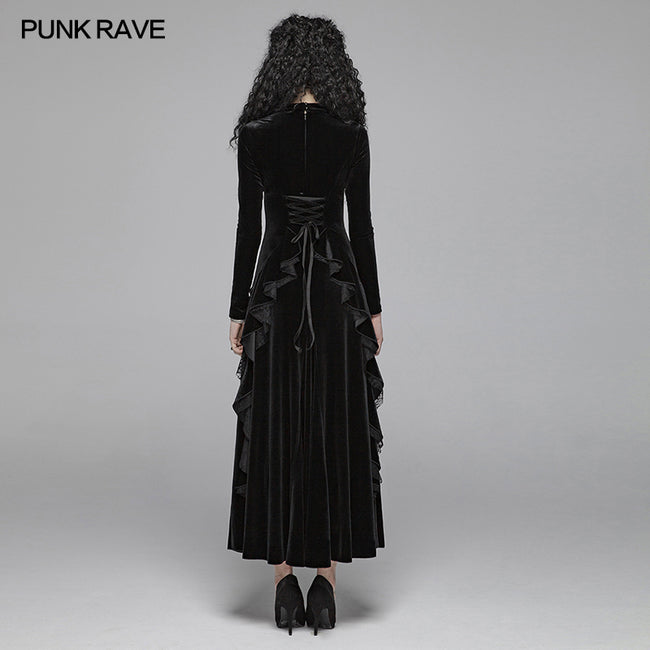 Gothic Daily Women Long Sleeve Velvet High-low Long Dress With Lace