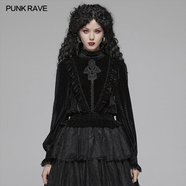 Gothic Middle Collar Dark-grain Velvet Blouse For Women