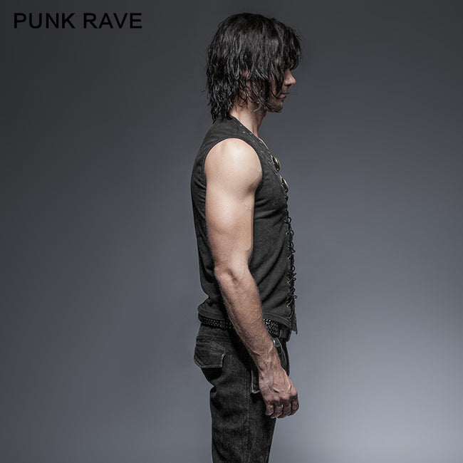 Black Rock Cotton Leather Belt Sleeveless Punk Shirts For Men