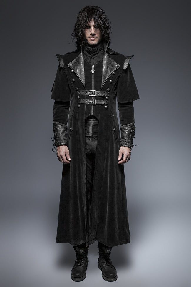Military Black Leather Long Gothic Trench Coats With Belts