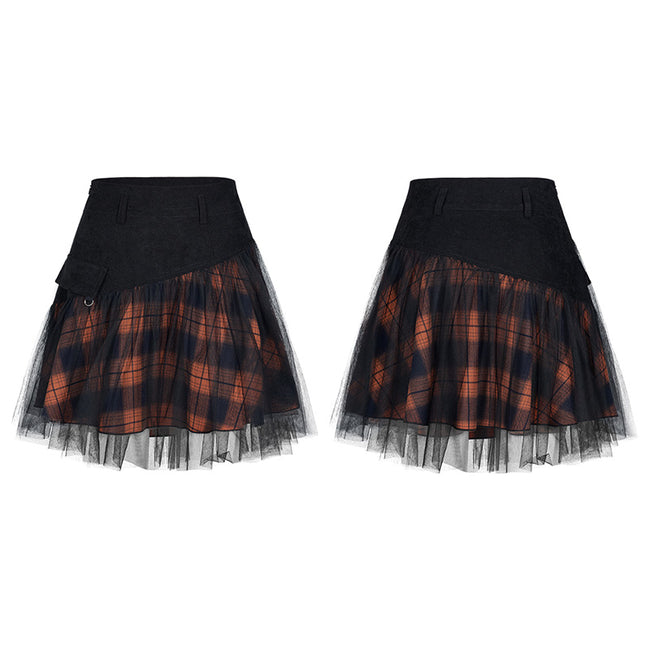 "PUNK" series mesh stitched plaid high-waisted skirt