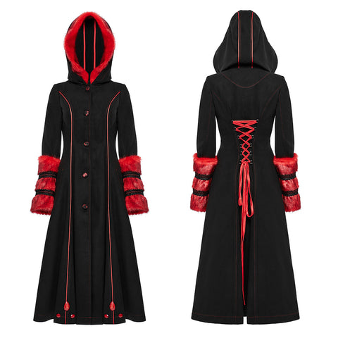 Winter Woolen Long Black Gothic Coat For Women Two Wear Imitation Fur Coat