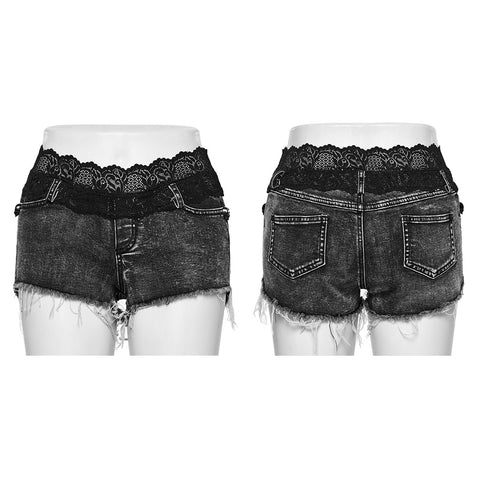 Lace waistband denim shorts