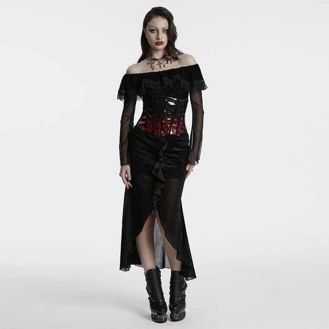 goth mesh dress Elegant Black Velvet Mesh Dress with Gothic Charm