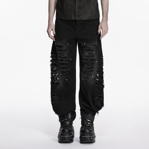 Punk tattered denim pants