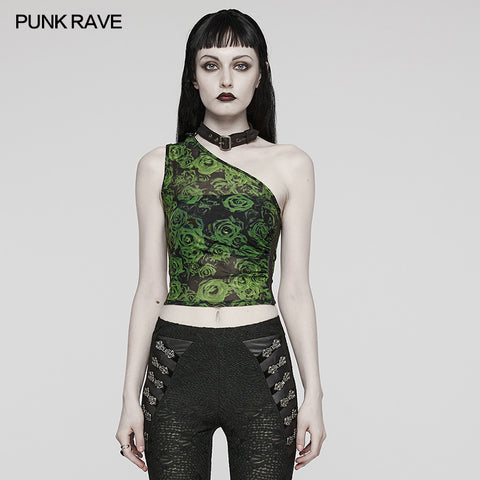 Sexy  Asymmetric off shoulder mesh printed top
