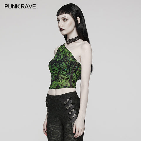 Sexy  Asymmetric off shoulder mesh printed top