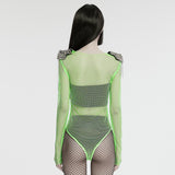 Punk sexy rhinestone mesh bodysuit