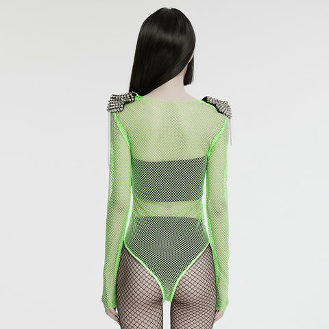 Punk sexy rhinestone mesh bodysuit