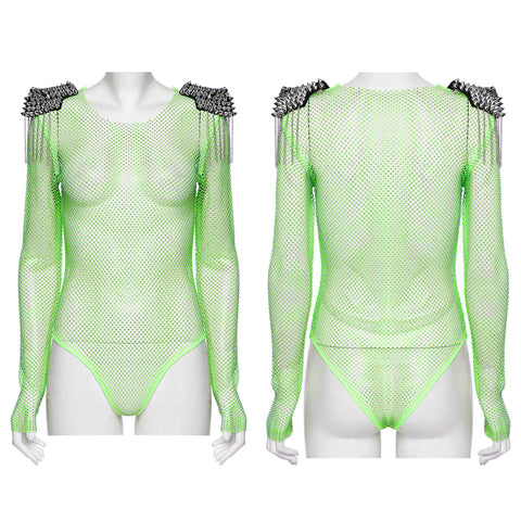Punk sexy rhinestone mesh bodysuit