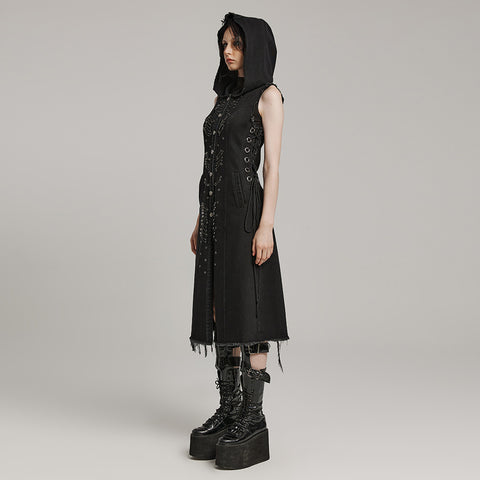 Punk decayed washed denim long vest