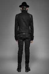 Black Rugged Denim Punk Jacket For Men With Removable Sleeves