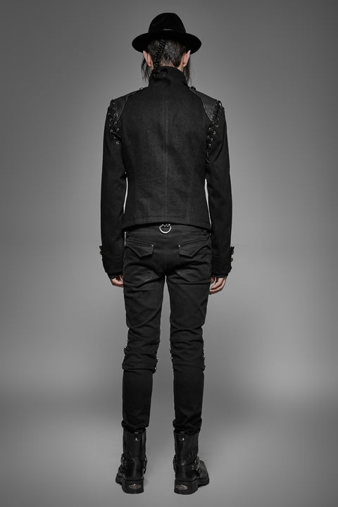 Black Rugged Denim Punk Jacket For Men With Removable Sleeves