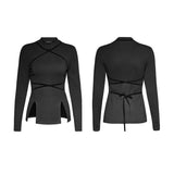 Adjustable Drawstring Hollow Out Tight Women Bottoming Gothic Shirt