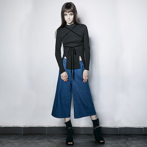 Adjustable Drawstring Hollow Out Tight Women Bottoming Gothic Shirt
