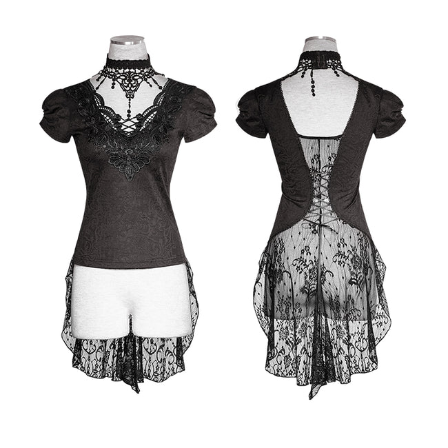 Swallow Tail Jacquard Short Sleeve Lace Gothic T-shirts