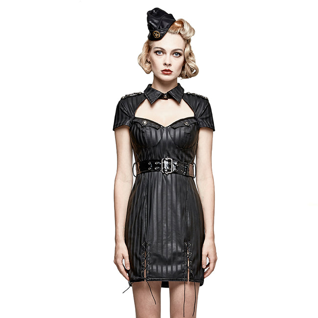 Short Military Fetish Striped Leather Gothic Dresses Punkravestore Short Military Fetish Striped Leather Gothic Dresses Punkravestore