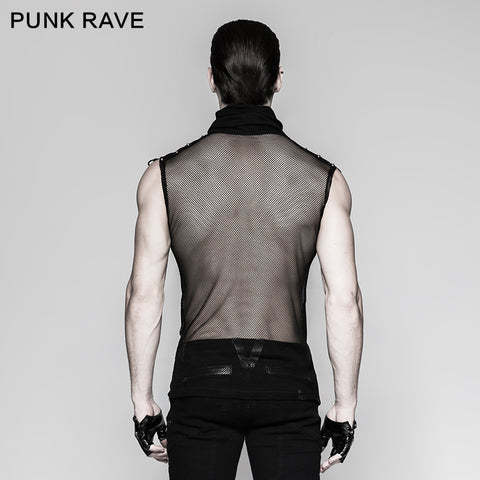 Black Rivets Puff Printing Knitted Collar Men Sleeveless Punk Vest
