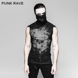 Black Rivets Puff Printing Knitted Collar Men Sleeveless Punk Vest