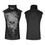 Black Rivets Puff Printing Knitted Collar Men Sleeveless Punk Vest