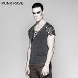 Asymmetric Neck Cotton Punk T-shirts With Hollow DrawString