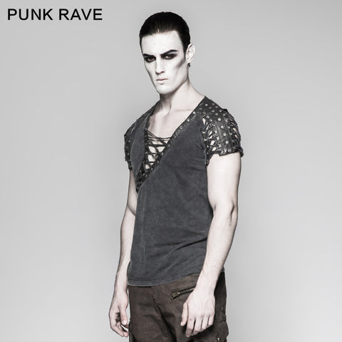 Asymmetric Neck Cotton Punk T-shirts With Hollow DrawString