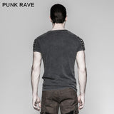 Asymmetric Neck Cotton Punk T-shirts With Hollow DrawString
