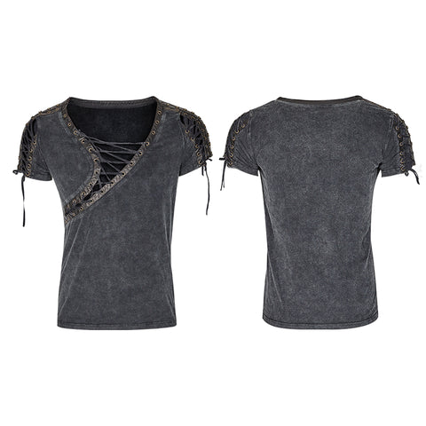 Asymmetric Neck Cotton Punk T-shirts With Hollow DrawString