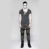 Asymmetric Neck Cotton Punk T-shirts With Hollow DrawString