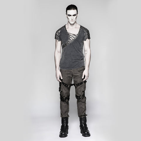 Asymmetric Neck Cotton Punk T-shirts With Hollow DrawString