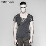 Asymmetric Neck Cotton Punk T-shirts With Hollow DrawString