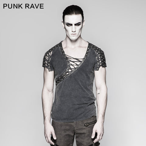Asymmetric Neck Cotton Punk T-shirts With Hollow DrawString