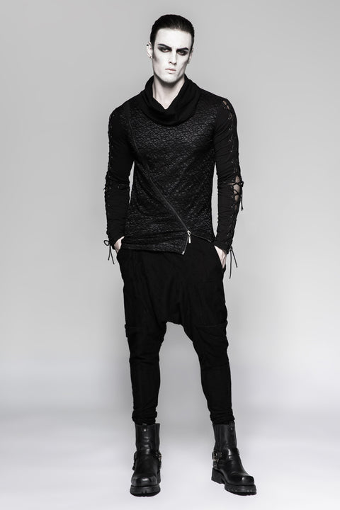 Rock Zipper High Collar Drawstring Long Sleeve Punk T-shirts