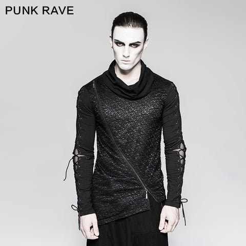 Rock Zipper High Collar Drawstring Long Sleeve Punk T-shirts