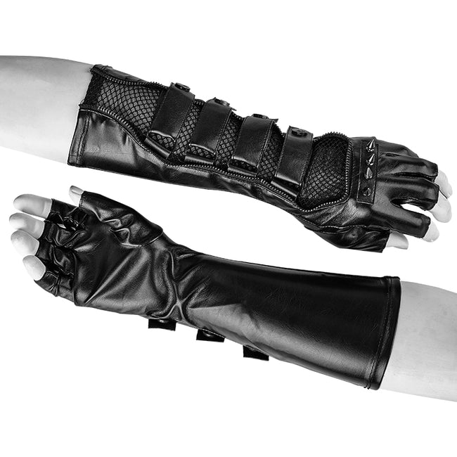 Fingerless Faux Leather Gloves - Red Biker Punk Gloves with Belt