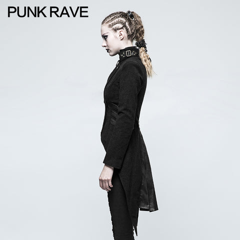 Women Swallow Tail Worsted Black Punk Jacket With Bronze Accessories